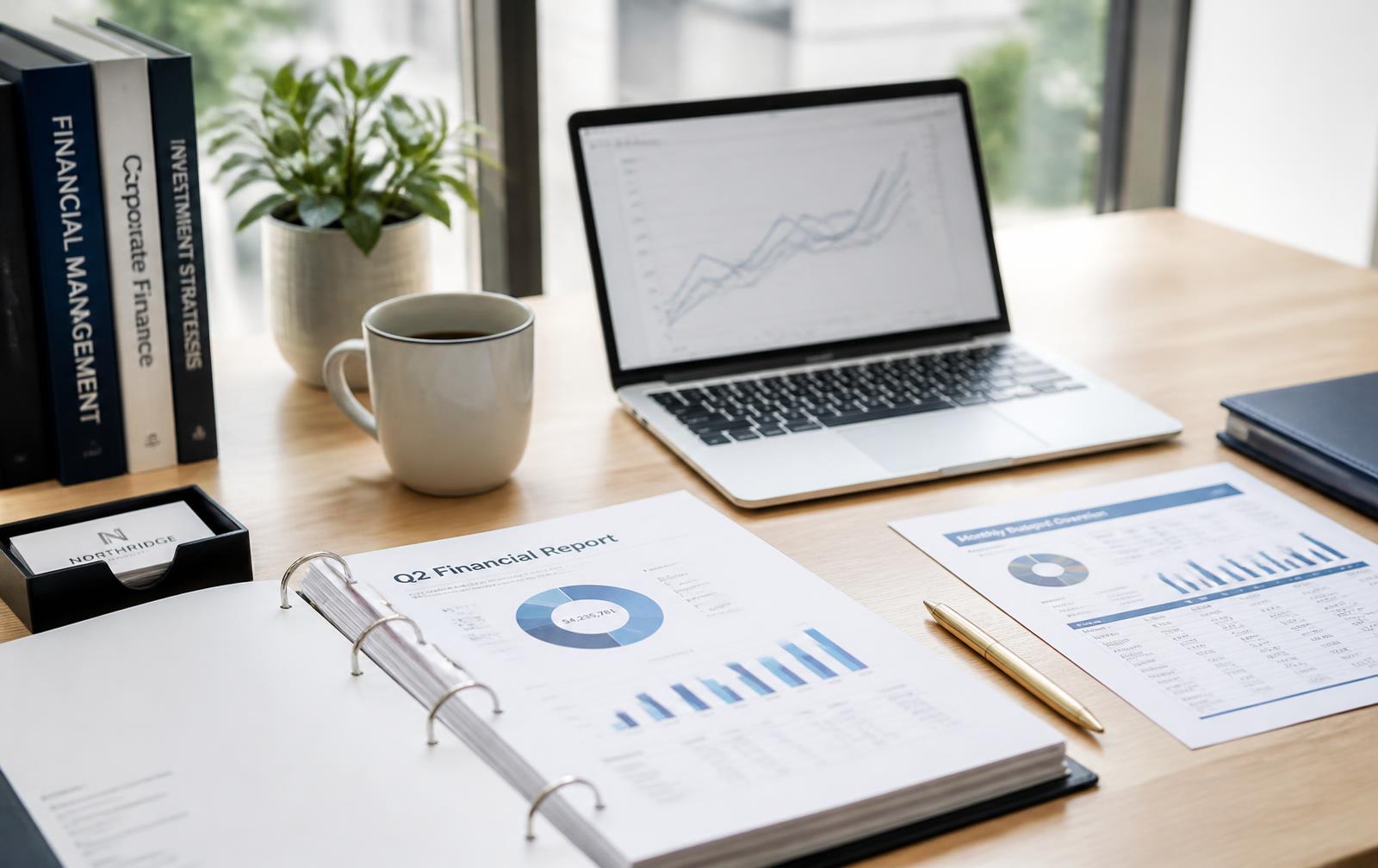 Analyst workspace with printed reports and charts